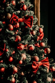 a decorated christmas tree with red bows and baubles on it's branches