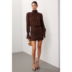 Brown satin (100% Polyester).Blouson. Long sleeves. Mock neck. Back zipper closure. 32" from shoulder to hemline. Imported. Brown Long Sleeve Mini Dress For Evening, Chic Mini Dress With Elastic Sleeves For Work, Elegant High Neck Ruched Mini Dress, Elegant Brown Puff Sleeve Dress, Elegant High Neck Mini Dress For Fall, Fitted Stand Collar Dresses For Fall, Fitted Stand Collar Dress For Fall, High Neck Ruched Dress For Fall, High Neck Mini Dress For Cocktail In Fall