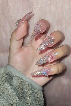 Fairy Tale Press on Nails Pink Glitter Press Ons Spring Etsy Fairy Tale Nails, Spring Glitter Nails, Flat Nails, Nails Pink Glitter, Clear Glitter Nails, Xxl Nails, Butterfly Press On Nails