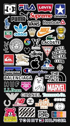 many different logos and stickers on a black background, all in various sizes and colors