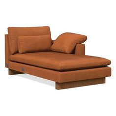 a brown couch with two pillows on it's back and one arm resting on the pillow