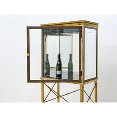 two bottles of wine are sitting in a glass case on a wooden stand with metal legs