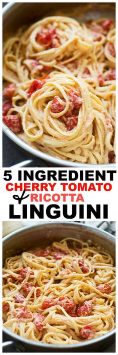 three different types of spaghetti in pans with the words 5 ingredient cherry tomato linguini