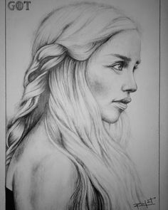 a pencil drawing of a woman with long hair and braids on her head, looking to