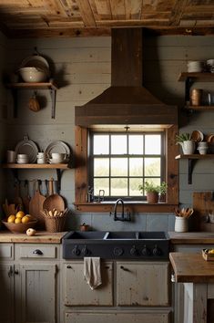 a kitchen with wooden walls and shelves filled with utensils