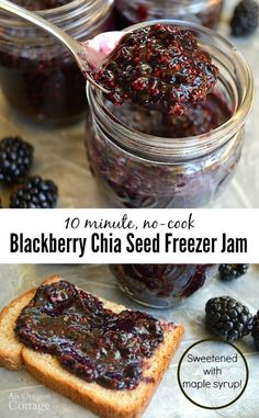 blackberry chia seed freezer jam in mason jars with fresh blackberries on the side