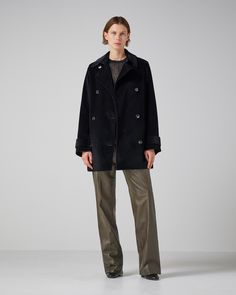 Classic short trench coat in soft, easy corduroy with a detachable belt and utilitarian topstitching details. Black Corduroy Outerwear For Work, Chic Winter Corduroy Outerwear, Short Trench Coat, Knitwear Tops, Verona, Outerwear Jackets, Jacket Dress, Trench Coat, Knitwear