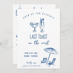 a blue and white save the date card with beach chairs, umbrellas and drinks