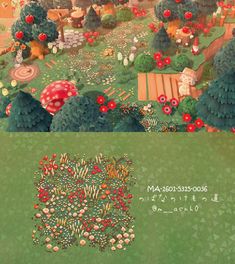 an animal crossing game with trees, flowers and animals in the background that are all different colors