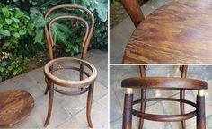 two pictures of chairs and one has a wooden seat