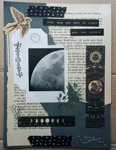 an altered collage with pictures and words on it's side, including the moon