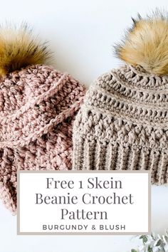 two crocheted hats with pom - poms and text overlay that says free 1 skein beanie crochet pattern