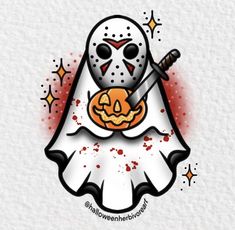 a drawing of a halloween ghost holding a jack - o'- lantern with stars around it