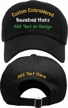 PRICES MAY VARY. Create Your Own Custom Hat. Family owned and Operated in MA. All Hats are Embroidered in the USA. Choose From a Wide Range of Colors. Customize Your Hat for Your Company, School or any Event. Add text or Design. Front and Back 100% Cotton Except Tie Dye & Camo Adjustable Metal Buckle Back Closure Lightweight / Durable / Smooth Embroidered in Rhode Island with 17 Years of Experience Customizable Black Hats For Baseball Season, Customizable Black Baseball Cap, Black Novelty Cotton Hat, Customizable Black Fitted Hat With Flat Bill, Adjustable Flat Bill Baseball Cap With Custom Embroidery, Black Baseball Cap With Custom Embroidery, Custom Embroidered Adjustable Flat Bill Baseball Cap, Customizable Black Adjustable Baseball Cap, Customizable Black Dad Hat One Size