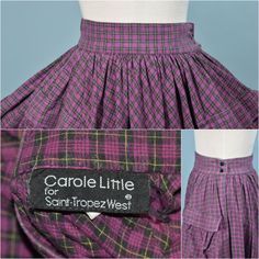 "Vintage 80s plaid skirt with very full skirt and large pockets on the front. Fitted waist with a 2\" waistband. Snap closure on the band, one-button concealed below that for closure. So cute to add to your prairie or Boho collection. *The knit top is NOT included in this sale. It is available in a separate listing. LABEL: Carol Little, San Trope West. SIZE: Refer to measurements for an accurate fit. All sizes are approximate. Waist: 24\" Waitband: 2\" wide Hip: free Length: 31\" Mannequin measu Rockabilly Skirt, Skirt Grunge, Prairie Skirt, Purple Plaid, Yellow Plaid, Plaid Skirt, Plaid Skirts, Dance Dresses, Full Skirt