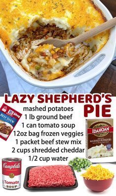 an advertisement for lazy shepherd's pie with instructions to make it in the oven