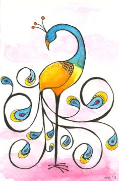 a drawing of a colorful bird with swirls on it's tail