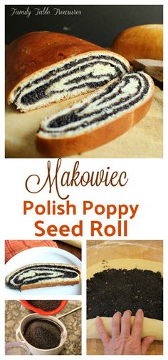 the recipe for making poppy seed roll is shown in this collage with text overlay