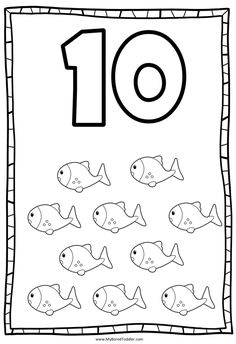 the number ten coloring page with fish