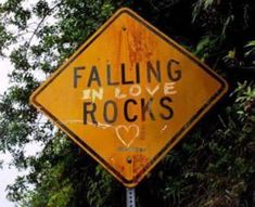 a yellow falling in love rocks sign sitting on the side of a road next to trees