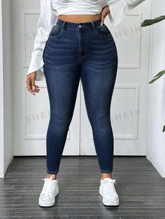 Details:Button \nDetails:Pocket \nDetails:Zipper \nClosure Type:Zipper Fly \nColor:Dark Wash \nPattern Type:Plain \nType:Skinny \nTemperature:Late Fall (10-17℃/50-63℉) \nWaist Line:High Waist \nLength:Long \nFit Type:Skinny \nFabric:Medium Stretch \nMaterial:Denim \nComposition:52% Cotton \nComposition:30% Polyester \nComposition:17% Viscose \nComposition:1% Elastane \nCare Instructions:Machine wash or professional dry clean \nSheer:No \n Cute Plus Size Outfits, Cute Plus Size, Late Fall, Plus Size Jeans, Casual Jeans, Plus Size Outfits, High Waist, Tights, Dry Clean