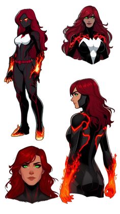 four different poses of the same woman in black widow costume, with red hair and green eyes