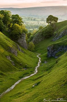 a stream running through a lush green valley