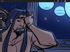 an animated image of a man with long hair looking out the window at the moon