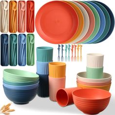 PRICES MAY VARY. Wheat Straw Dishes Set: you will receive 8 set of wheat straw dinnerware in different colors, 8 wheat straw bowls, 8 wheat straw plates, 8 cups, 8 forks, 8 spoons, 8 knives and 8 pairs chopsticks, bright colors are nice for picnic or daily use Wheat Straw Material: these unbreakable plastic dishes are made of wheat straw fiber and PP material, odorless, lightweight, you don't worry broken or dropped, sturdy and reusable for long time Colorful Design: these kids plates and bowls Colorful Dinner, Backyard Renovation, Camping Dishes, Plates And Bowls Set, Kids Plates, Kids Travel, Patio Makeover, Wheat Straw, Pattern Play