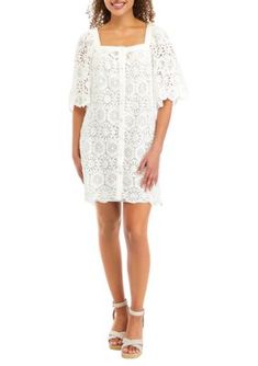 Delicate lace details magnify the enamoring appeal of this charming dress from Joie. Complete with short flare sleeves and a flattering square neckline, this dress is great to wear for special occasions. | Joie Women's Leona Mini Dress, Large Elegant Crochet Dress With Lace Sleeves For Summer, Elegant Summer Crochet Dress With Lace Sleeves, Summer Lace Dress With Flutter Sleeves, Elegant Lace Dress With Flutter Sleeves, Spring Lace Dress With Flutter Sleeves, Lace Dress With Flutter Sleeves, Chic Lace Dresses With Flutter Sleeves, Spring Dress With Scalloped Lace And Square Neck, Spring Crochet Dress With Square Neck