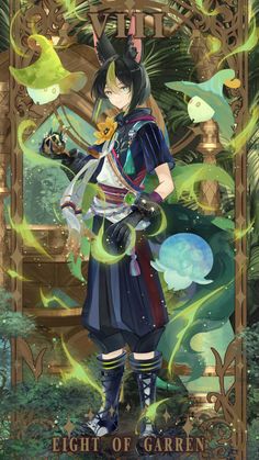 an anime character is standing in front of a green background with plants and animals on it