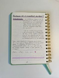 an open notebook with writing on it and a green pen sticking out of the top