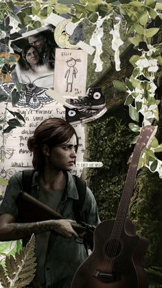 the last of us movie poster with an image of a person holding a guitar and surrounded by leaves