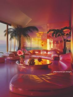 a living room filled with pink furniture next to a large window overlooking the ocean and palm trees