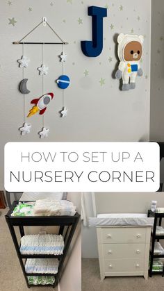 Astronaut themed baby decor and baby nursery corner changing table organization Room Sharing Nursery Ideas, Newborn Shared Room With Parents, Small Nursery Corner, Split Room Nursery, Nursery In Parents Room Ideas, Newborn Corner In Bedroom, Baby Nursery Corner In Parents Room, Nursery Corner Ideas In Parents Room, Corner Nursery In Bedroom Small Spaces