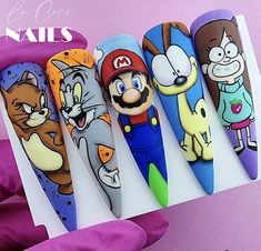 Embroidered Nails, Coco Nails Disney, Cartoon Nail Art Designs, Cartoon Character Nails, Character Nail Art, Spongebob Nails