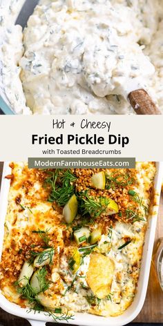 The perfect fried pickle dip! This creamy, tangy dip is super easy to make and loaded with delicious dill pickles. Baked in the oven with lots of melty cheese and garnished with buttery toasted breadcrumbs. It's a definite crowd-pleaser and steals the show every time. Cheesy Baked Dill Pickle Dip, Baked Dill Pickle Dip, Hot Dill Pickle Dip, Warm Dill Pickle Dip, Fried Dill Pickle Dip, Sunday Appetizers, Hosting Appetizers, Pickle Cream Cheese, Fried Pickle Dip