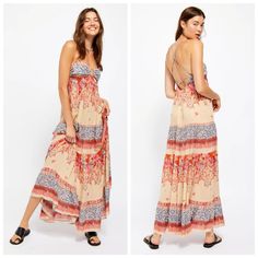 Free People Give A Little Maxi Dress Colorful Mix Print Maxi Slip Dress Featuring A Metal U-Ring At The Bust With A Strappy Crisscross Back. Tiered Skirt Adjustable Straps Unlined Design Light And Airy Fabrication While The Notched Detail At The Bust Lends For Whimsical Wear. Empire Silhouette. Fixed Shoulder Straps With Back Crisscross Detail. Straight Hemline New With Tags B35 Spring Orange Boho Print Maxi Dress, Orange Bohemian Maxi Sundress, Orange Printed Bohemian Sundress, Orange Bohemian Printed Sundress, Bohemian Orange Printed Sundress, Orange Boho Dress For Spring Beach Occasion, Orange Boho Print Maxi Dress For Beach, Orange Boho Print Maxi Dress, Orange Boho Print Sundress