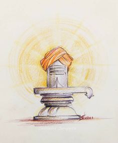 a drawing of a fountain with a yellow cloth on it's head and an orange turban over the top