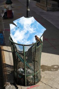 a bird sitting on top of a metal trash can