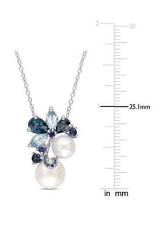 This spectacular necklace is crafted in lustrous sterling silver and features 7-7.5 and 9-9.5 millimeter white round freshwater pearls with pear-cut London-blue topaz, marquise-cut sky-blue topaz, and round-cut sapphire gemstones. The pendant is hung on a cable chain secured with a spring ring clasp. | Belk & Co Women's Cultured Freshwater Pearl, 2.3 ct. t.w. Blue Topaz and 2/5 ct. t.w. Sapphire Cluster Pendant with Chain in Sterling Silver, White