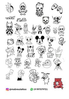 various cartoon characters are drawn in black and white