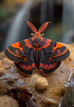 an orange and black moth sitting on some rocks