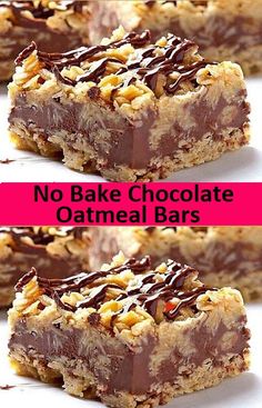 no bake chocolate oatmeal bars are stacked on top of each other