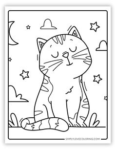 a black and white drawing of a cat sitting on the ground with stars in the background