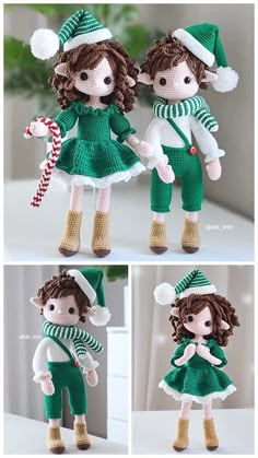 crocheted dolls are dressed in green and white outfits, with candy canes