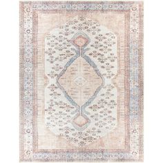 an antique rug with blue and pink accents on the bottom, in front of a white background