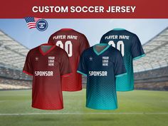 custom soccer jersey for your team and their name on the front, with an american flag in the background