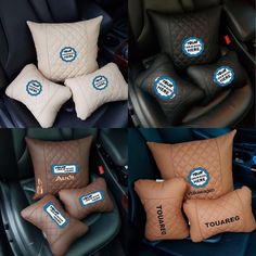 four pillows with stickers on them in the back of a car's seat