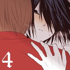 two anime characters hugging each other with the number 4 on their chest